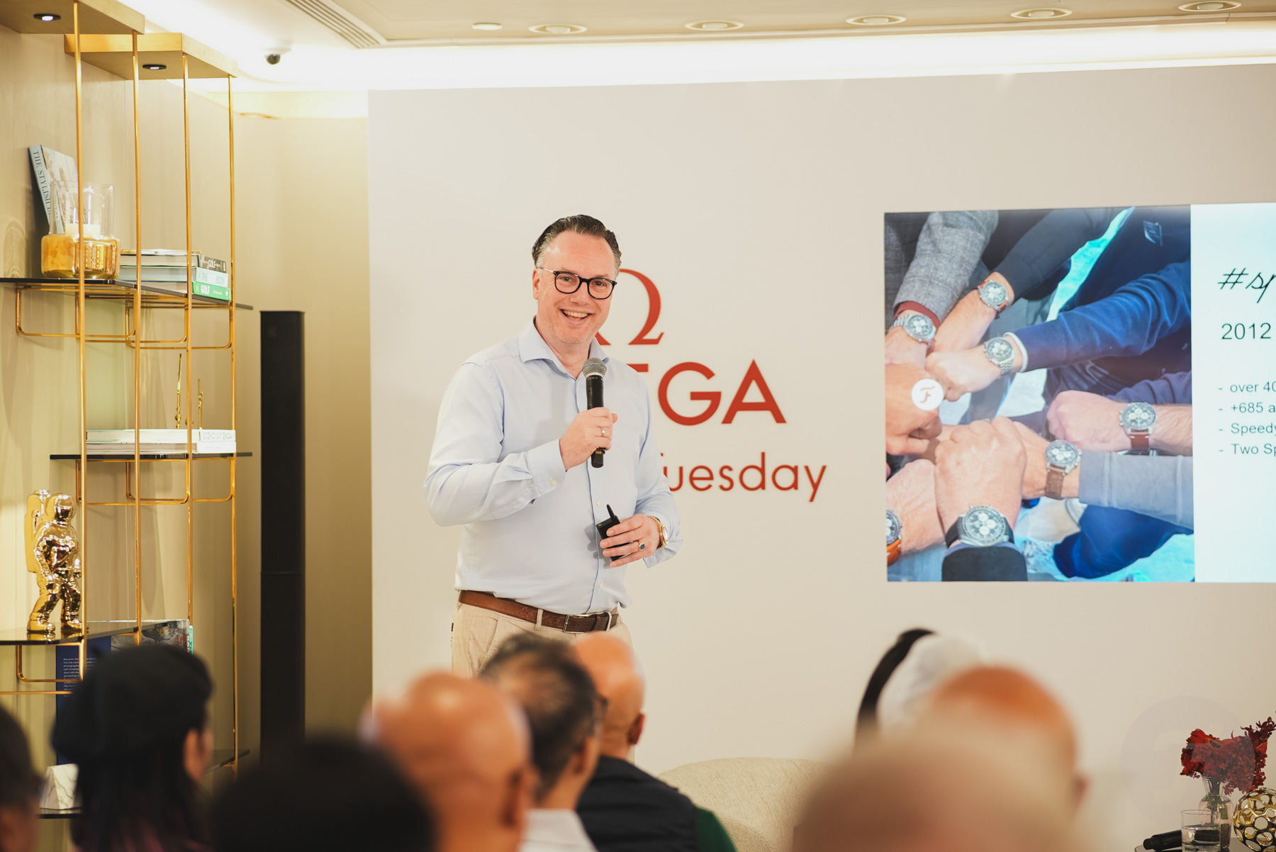Robert-Jan Broer speaking at a Speedy Tuesday x Omega event in Hong Kong